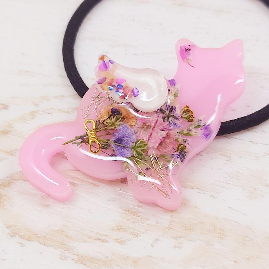 天使の羽ねこヘアゴム　ハンドメイド　ピンク　パステル　お花　ネックレス　レジン
