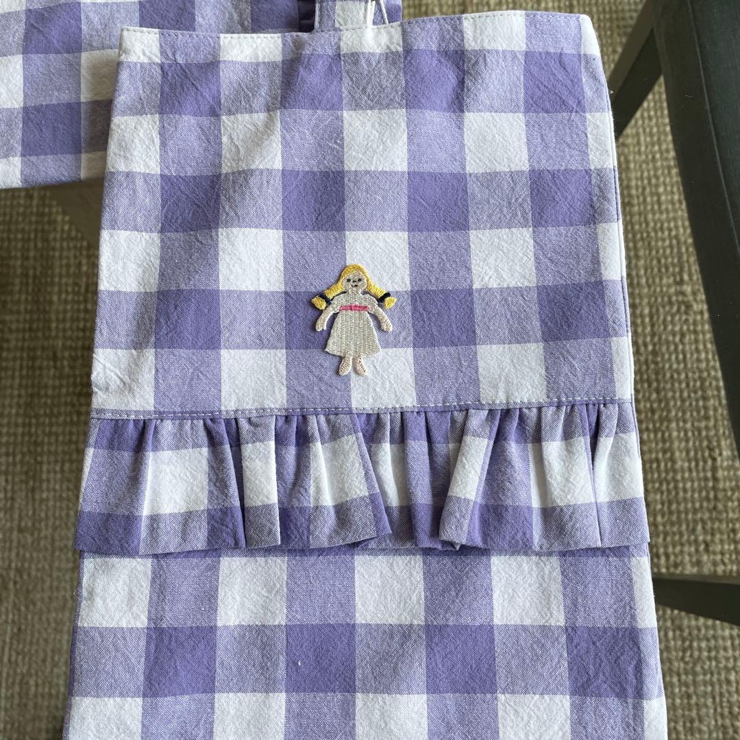 ハンドメイド　ブロックチェック　ラベンダー　フリル　レッスンバッグ