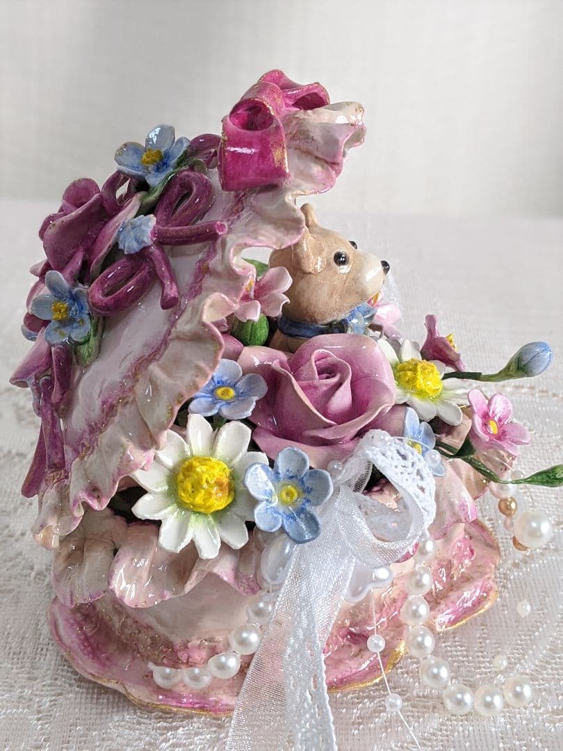 【専用】クレイフラワー♥ハート型薔薇の宝箱ドールとうさぎさん（大)♥ハンドメイド