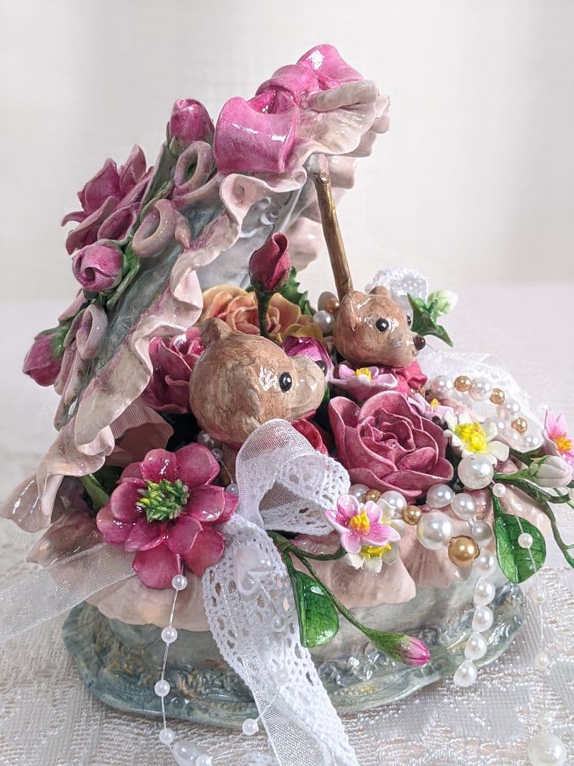 【専用】クレイフラワー♥ハート型薔薇の宝箱ドールとうさぎさん（大)♥ハンドメイド