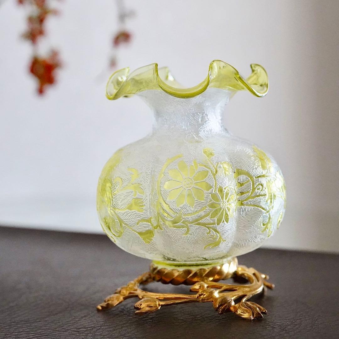 オールドバカラBACCARAT★真鍮台座 花瓶★極美品★希少★アシッドエッチング