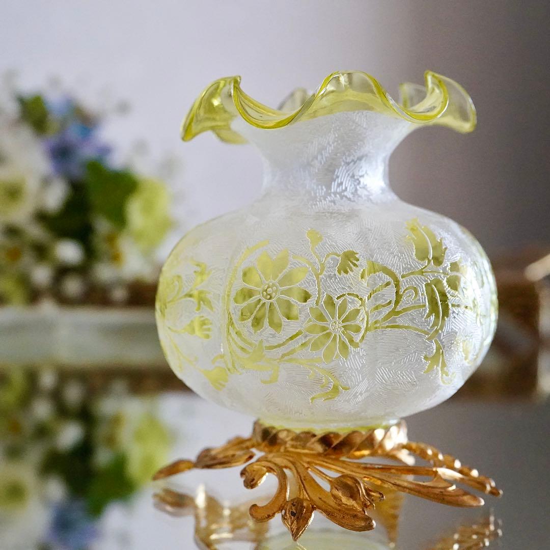 オールドバカラBACCARAT★真鍮台座 花瓶★極美品★希少★アシッドエッチング