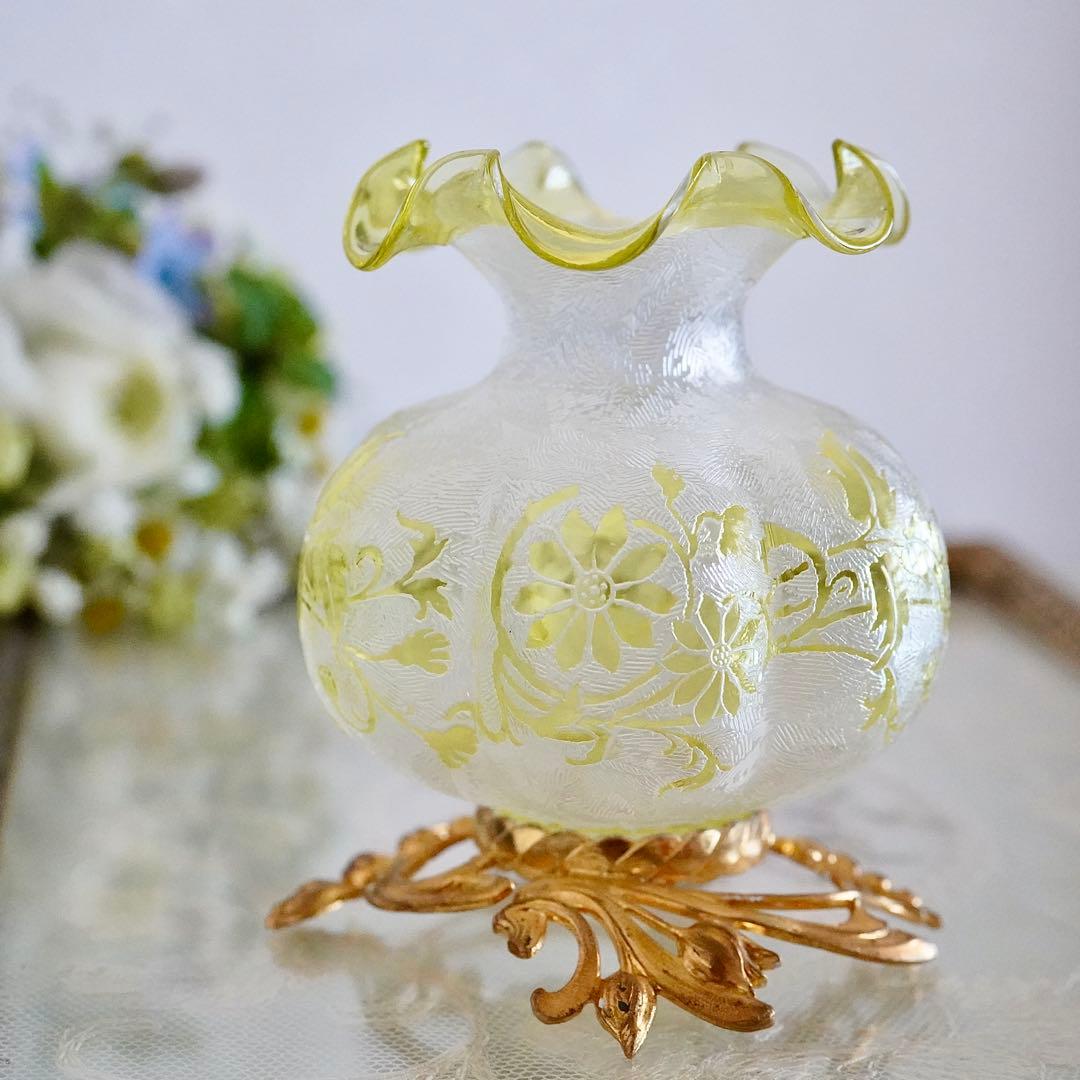 オールドバカラBACCARAT★真鍮台座 花瓶★極美品★希少★アシッドエッチング