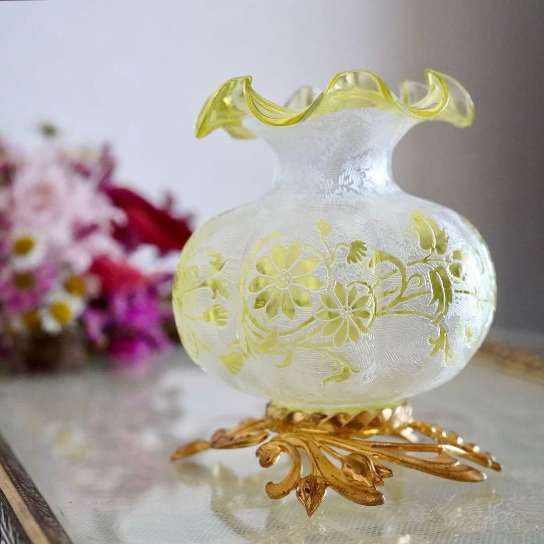 オールドバカラBACCARAT★真鍮台座 花瓶★極美品★希少★アシッドエッチング