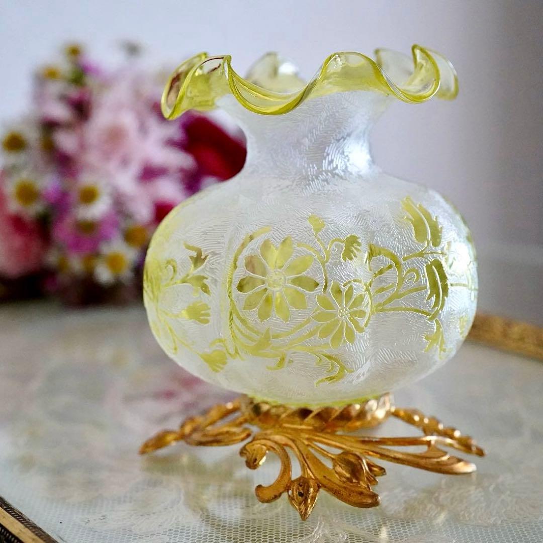 オールドバカラBACCARAT★真鍮台座 花瓶★極美品★希少★アシッドエッチング