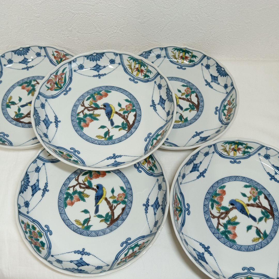 九谷焼 青郊窯 染付瓔珞紋花鳥 煮物皿 深皿　　 5枚セット