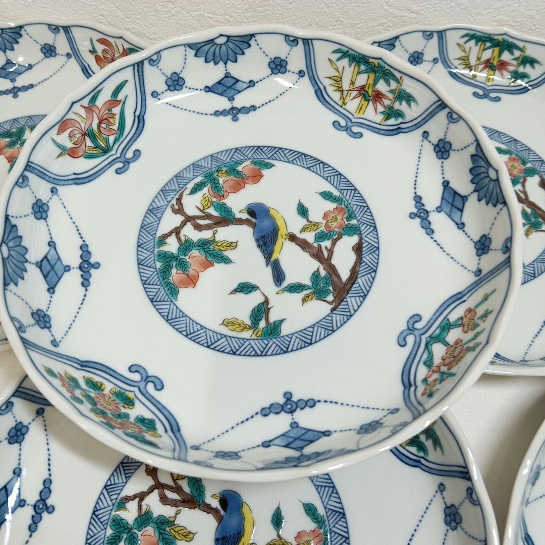 九谷焼 青郊窯 染付瓔珞紋花鳥 煮物皿 深皿　　 5枚セット