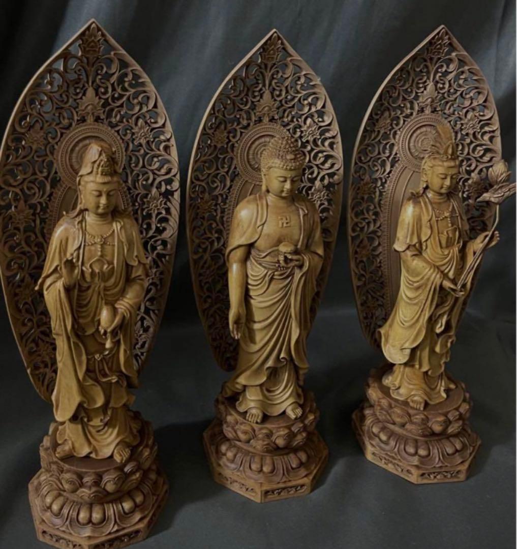 n*i様 総柘植材　仏教工芸品　時代彫刻　一刀彫　極上彫　木彫仏像　阿弥陀如来三