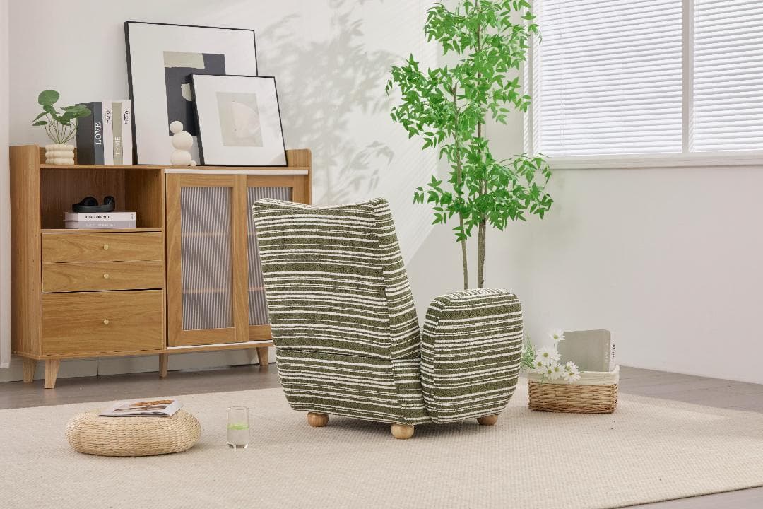 【オリーブグリーン】1人掛けソファ ラウンジチェア シェニール生地 無垢材使用