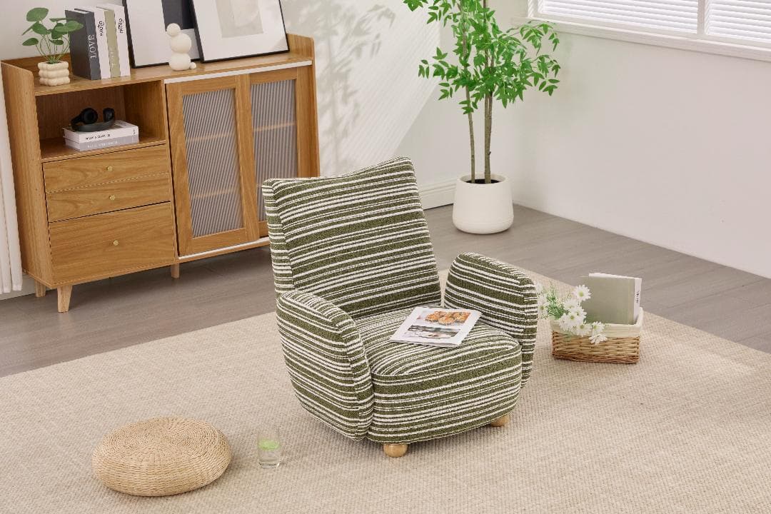 【オリーブグリーン】1人掛けソファ ラウンジチェア シェニール生地 無垢材使用