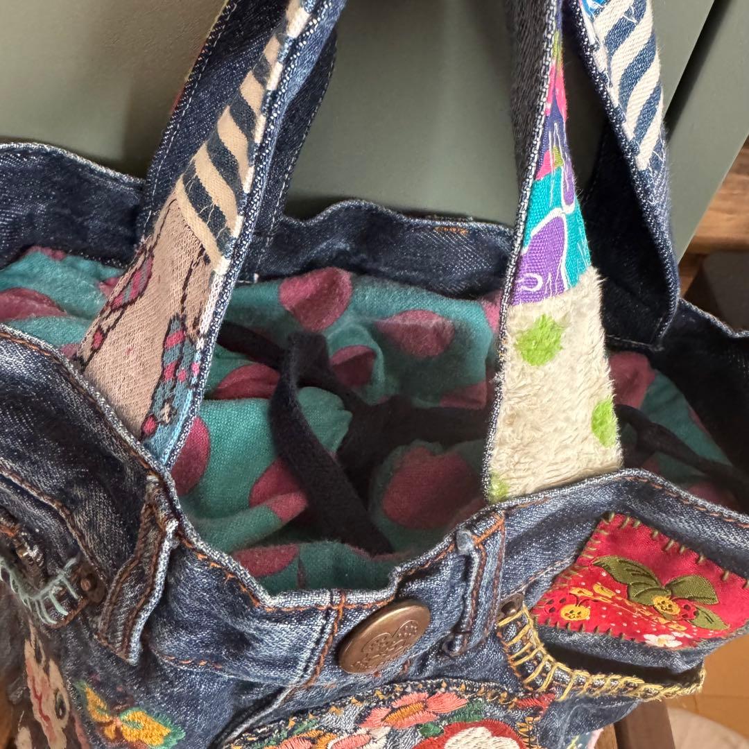 ハンドメイド デニムリメイク バッグ レトロアニマル フクロウ 小 48