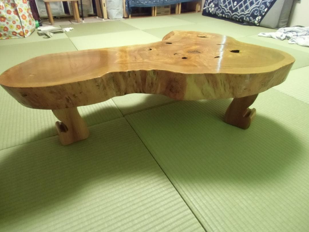 【引き取り限定】天然木 一枚板 木製座卓 自然形状 曲線脚