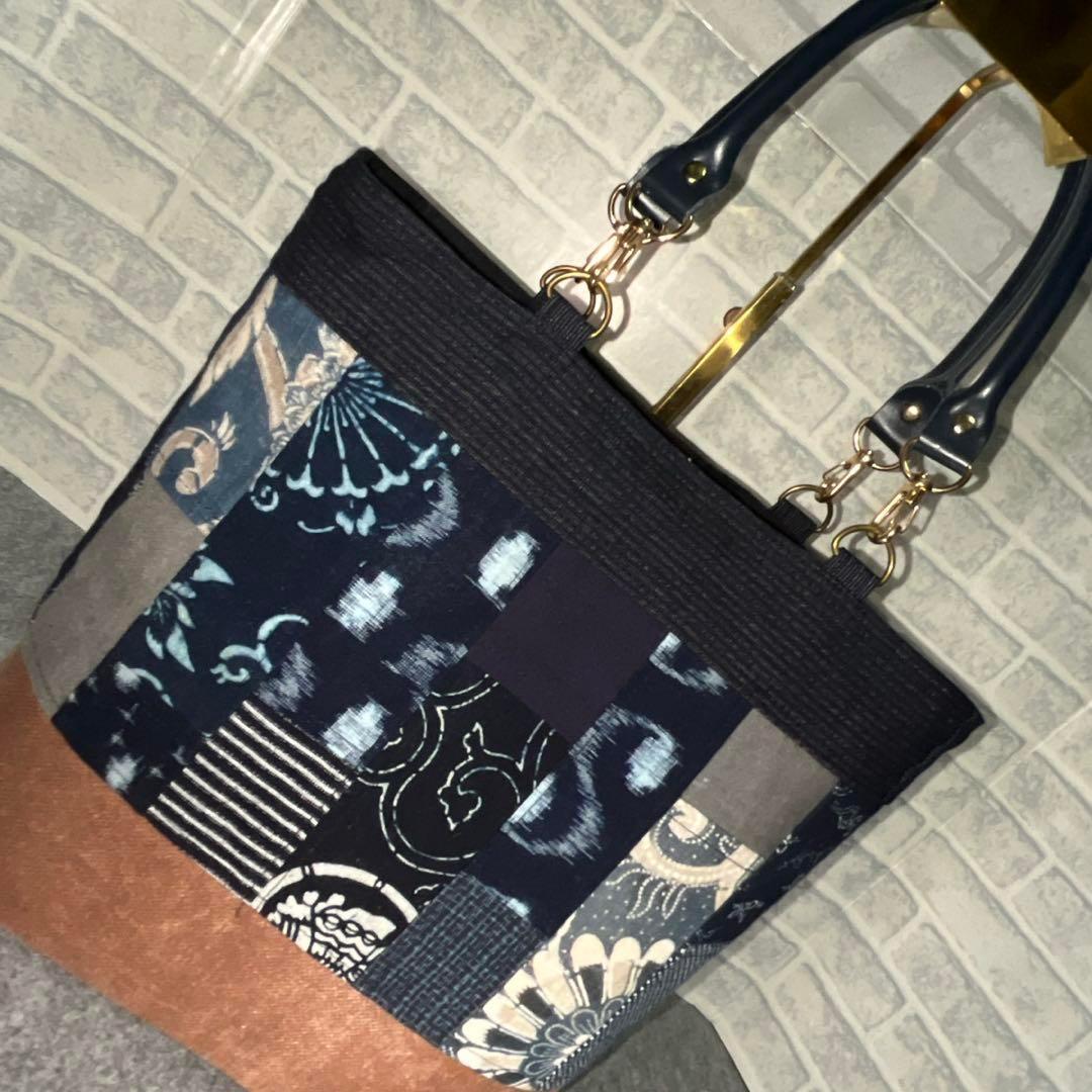 【一点物】酒袋×古布藍染トート59 家紋 刺し子 パッチワーク A4OK肩掛け可