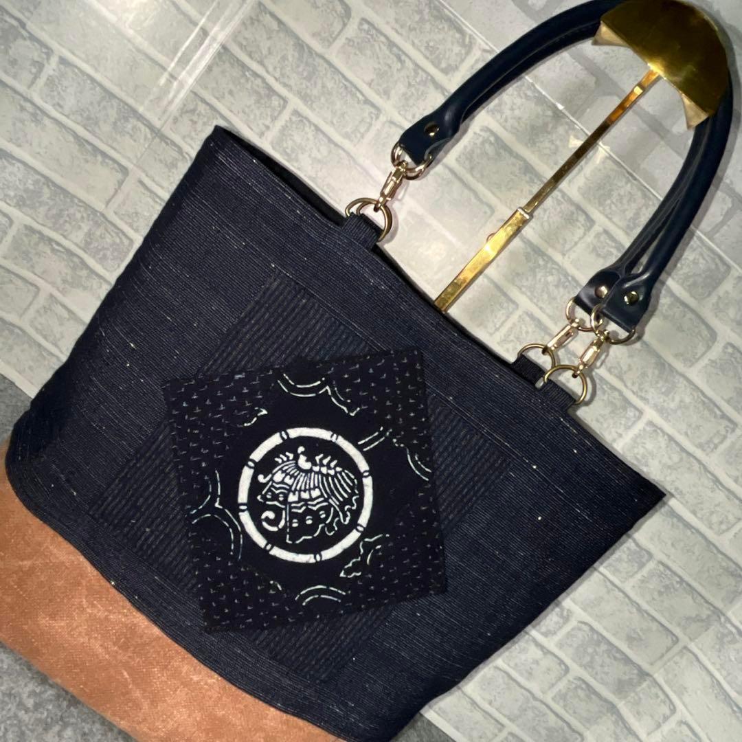 【一点物】酒袋×古布藍染トート59 家紋 刺し子 パッチワーク A4OK肩掛け可