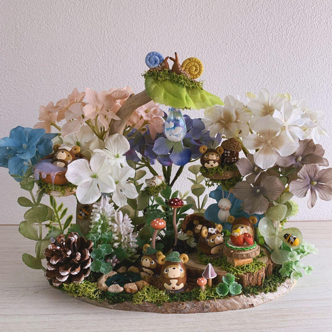 どんぐりアート 彩り紫陽花 カタツムリと梅雨の森 置物