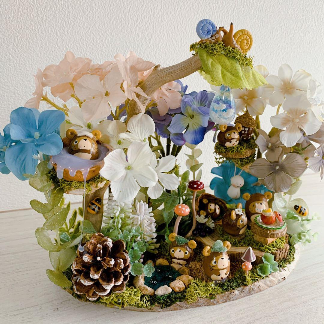 どんぐりアート 彩り紫陽花 カタツムリと梅雨の森 置物