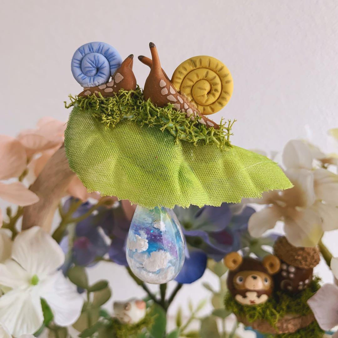 どんぐりアート 彩り紫陽花 カタツムリと梅雨の森 置物