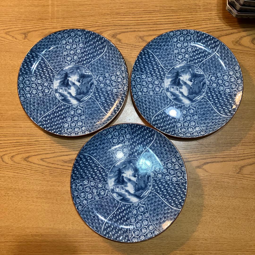 【庫山窯】前畑陶器 染付山水隅切り角皿ほか13点セット 美濃焼　中古