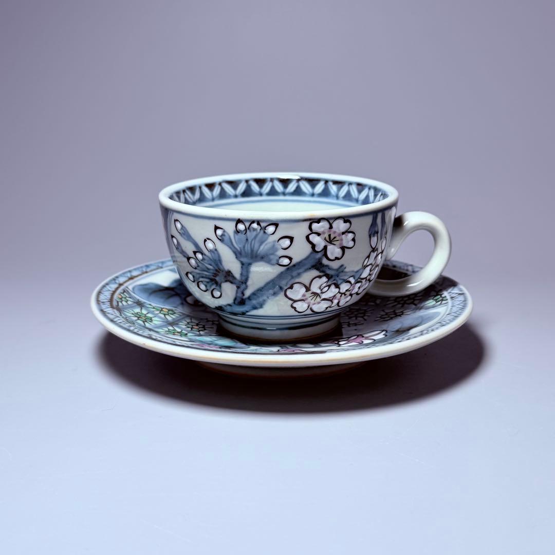 五代　佐藤走波　七十五才　染錦桜と朝顔文カップ＆ソーサー　コレクター放出品　訳有