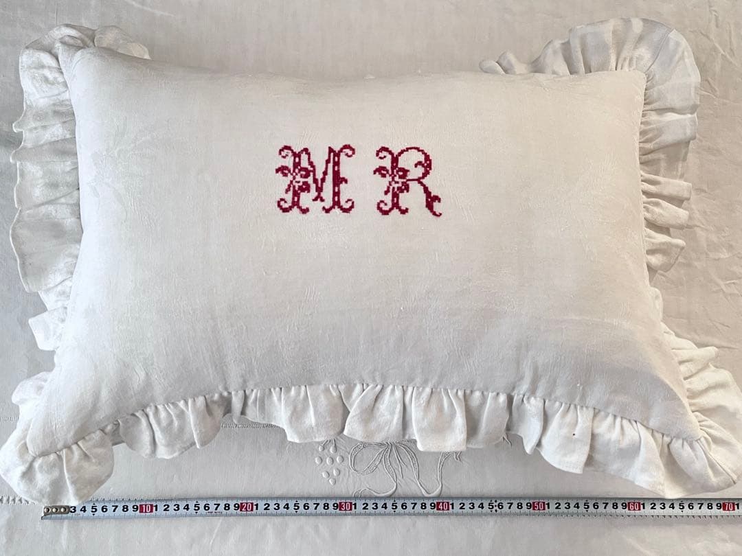 【美品】フランスアンティーク MR赤ハンドステッチ フリルカバー[3314]