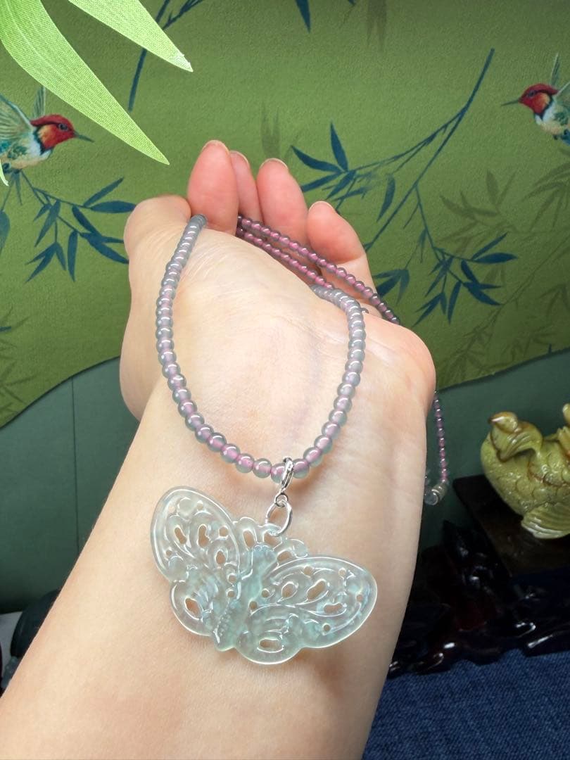 高品質❣️天然本翡翠 高氷種氷藍水ふんわり蝶々＆小粒ビーズネックレス　鑑定書付き