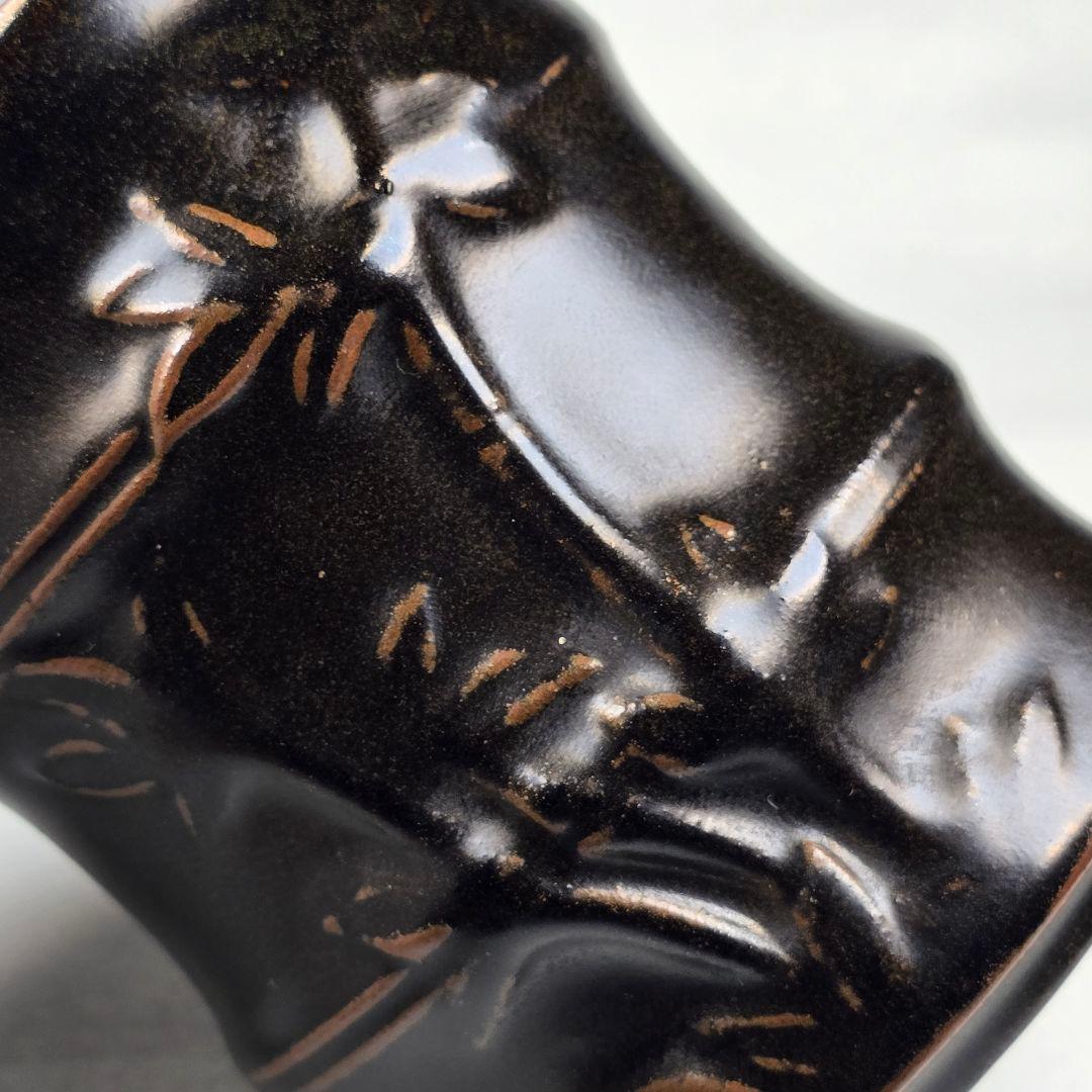 骨董 中国古磁 吉州窯 黒釉 陽刻竹紋 筆筒 美品