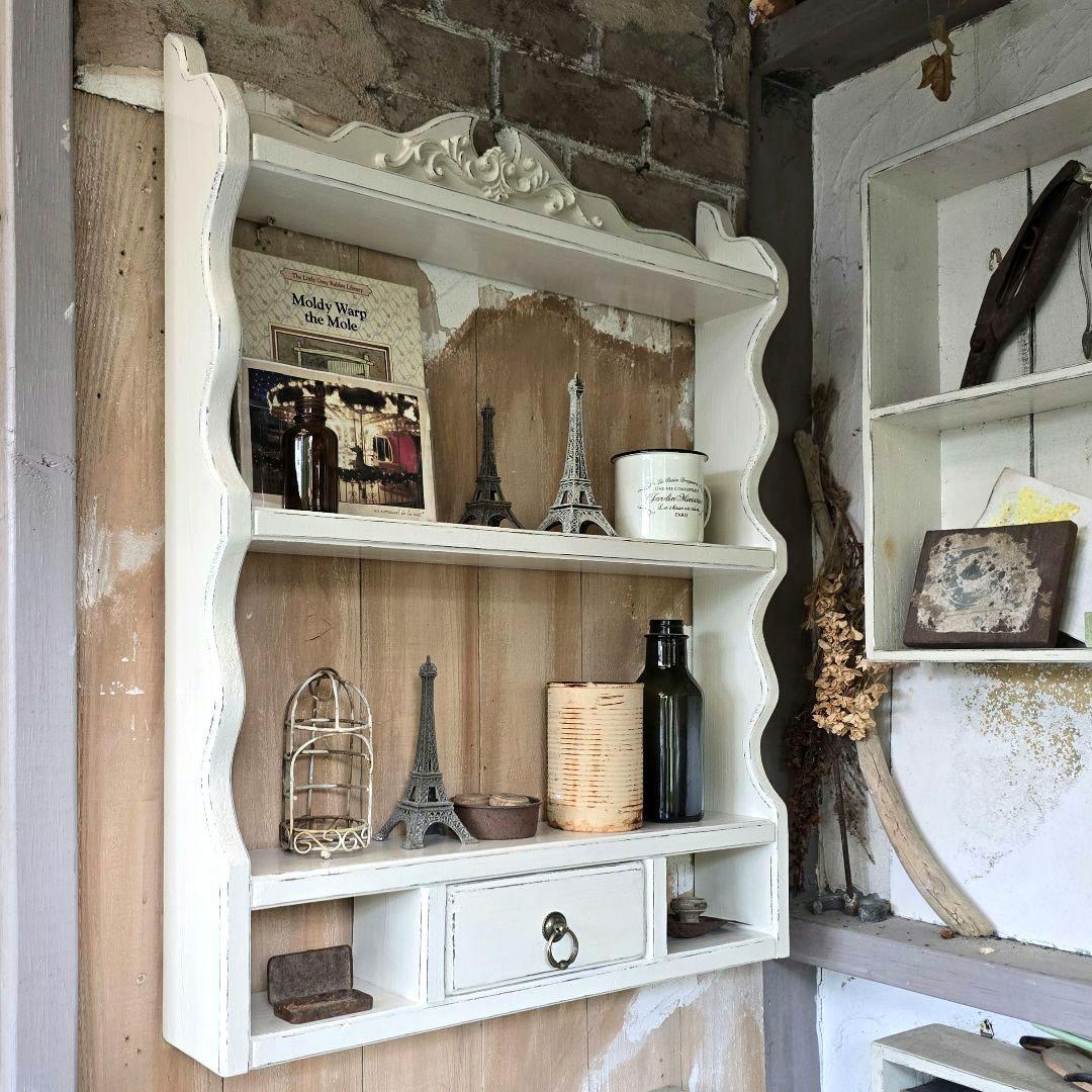 フレンチアンティークシャビー壁掛けシェルフ　ワイド488　モール　ホワイト
