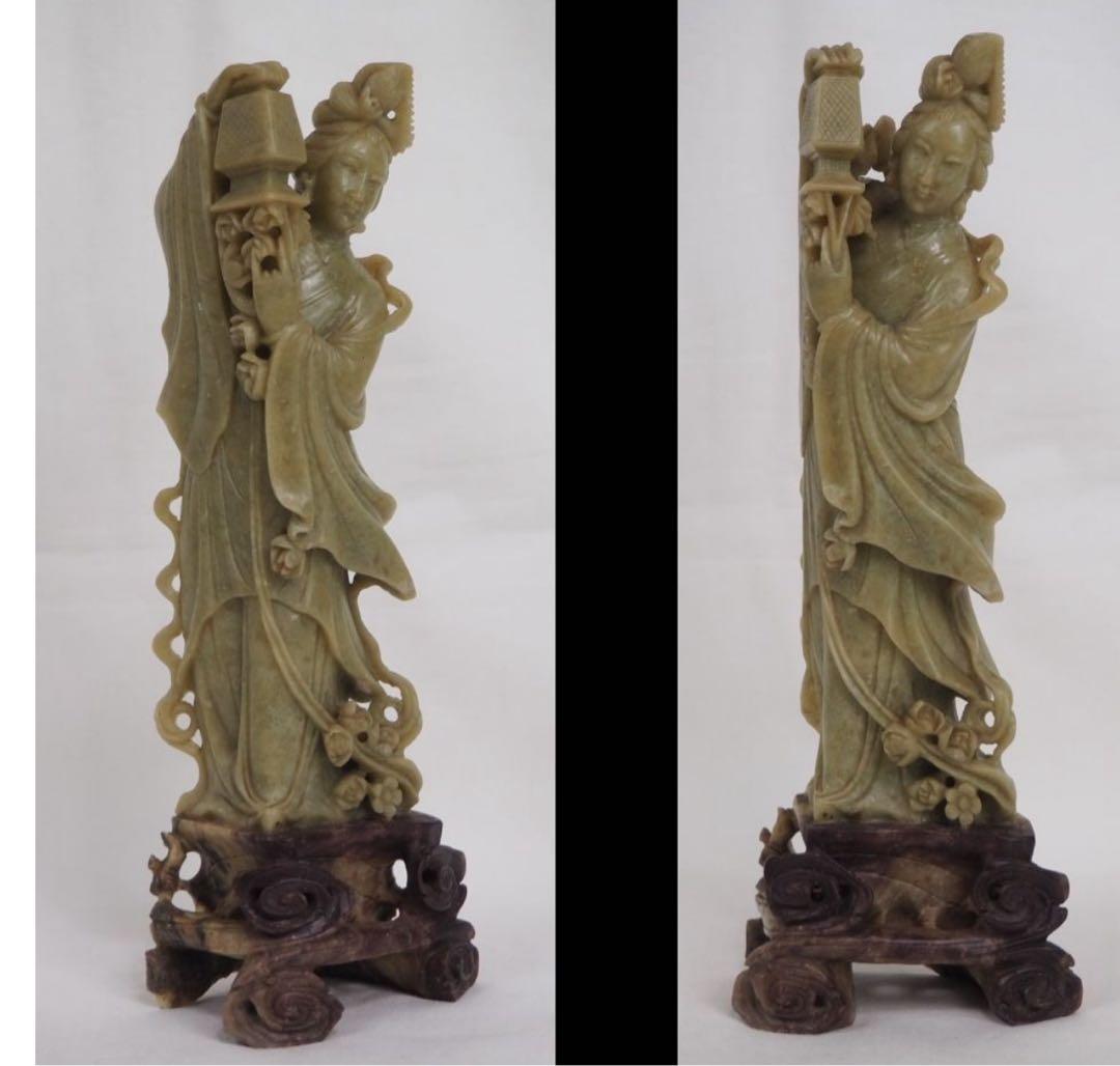送料無料　60-70年代 青田石彫刻　天女散花　高20.5ｃｍ　中国古玩