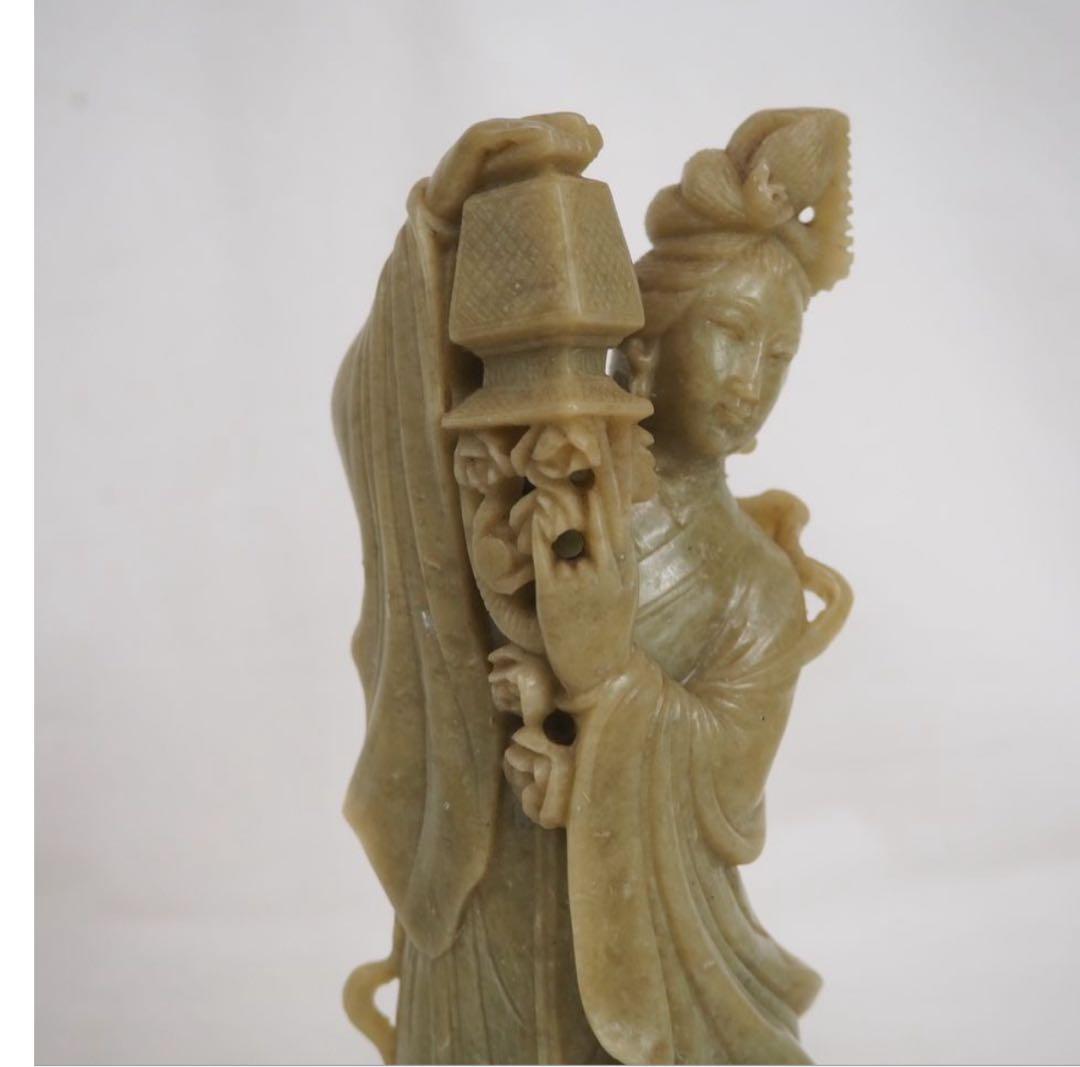 送料無料　60-70年代 青田石彫刻　天女散花　高20.5ｃｍ　中国古玩