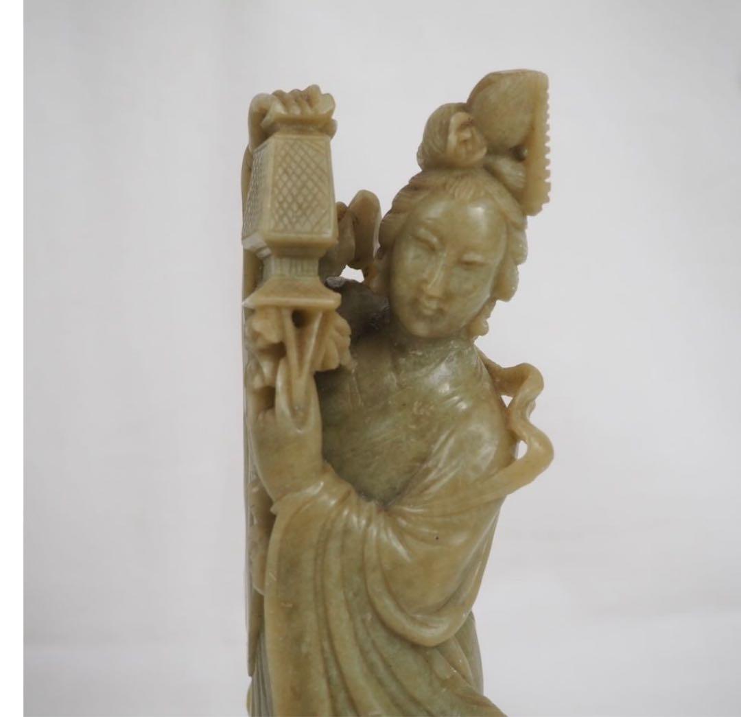 送料無料　60-70年代 青田石彫刻　天女散花　高20.5ｃｍ　中国古玩