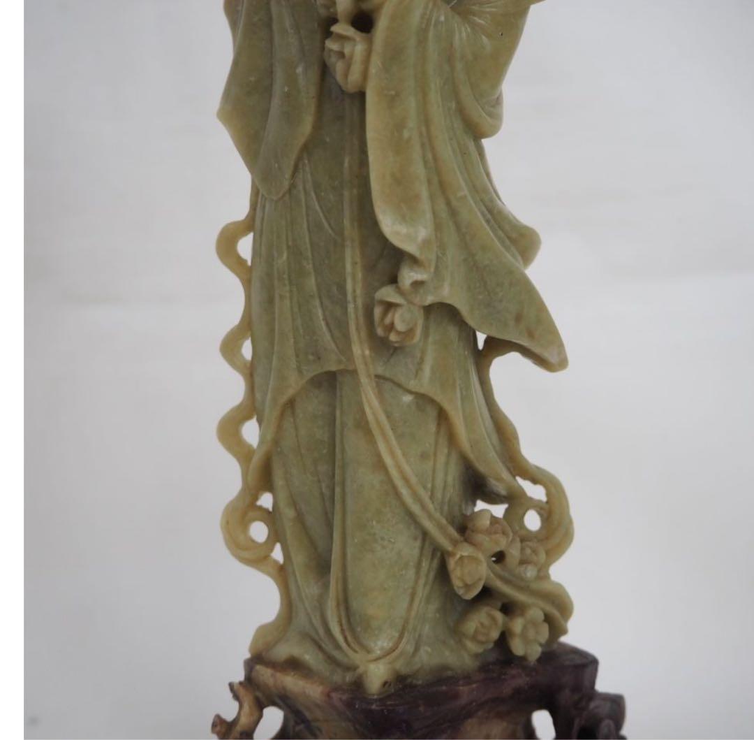 送料無料　60-70年代 青田石彫刻　天女散花　高20.5ｃｍ　中国古玩