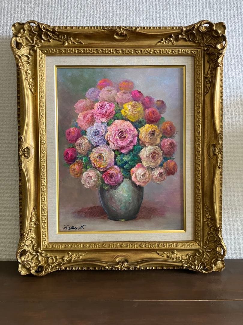 ☆ HaRu 薔薇 花瓶 1点物 真作 原画 絵画 油絵 ♪ F6 額縁 別途