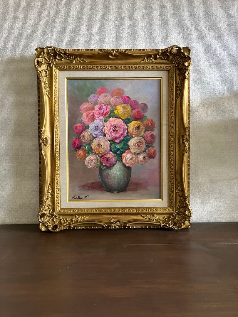 ☆ HaRu 薔薇 花瓶 1点物 真作 原画 絵画 油絵 ♪ F6 額縁 別途