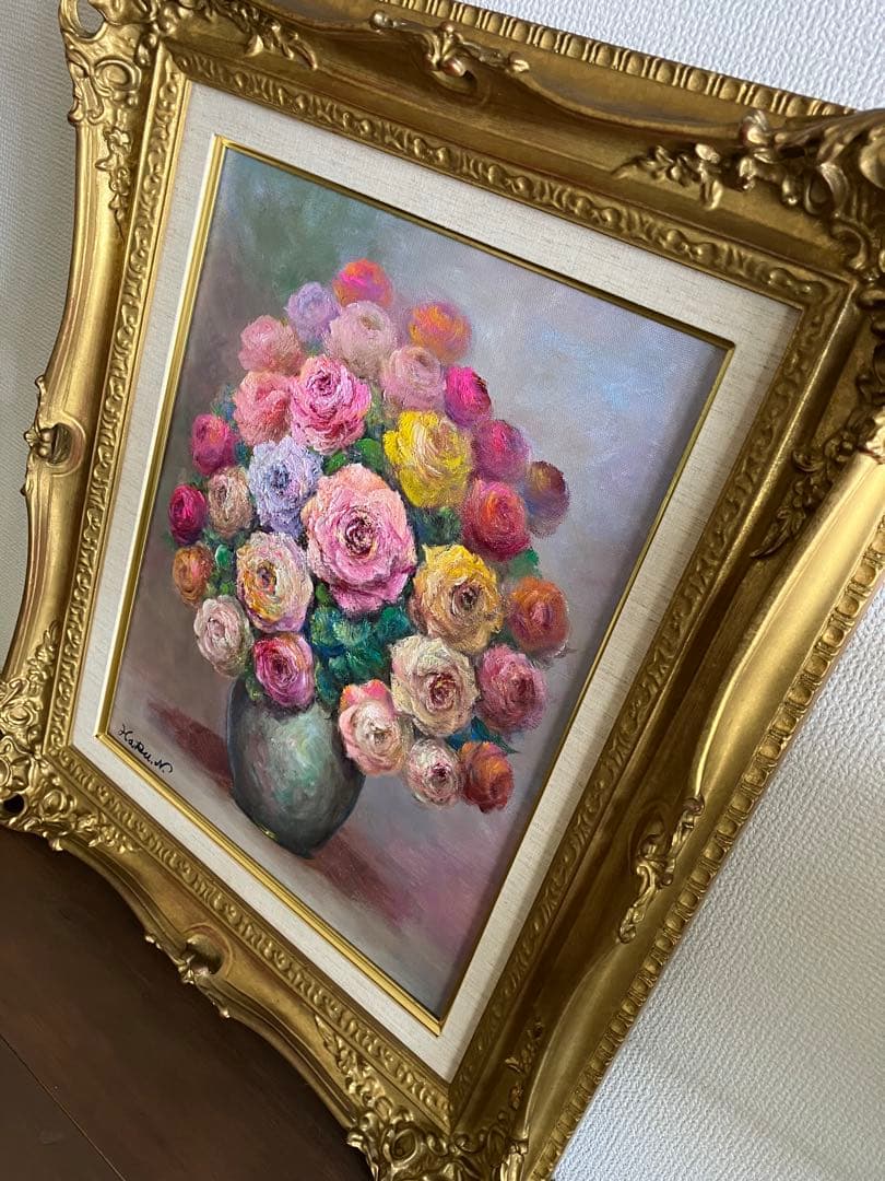 ☆ HaRu 薔薇 花瓶 1点物 真作 原画 絵画 油絵 ♪ F6 額縁 別途