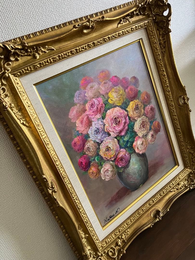 ☆ HaRu 薔薇 花瓶 1点物 真作 原画 絵画 油絵 ♪ F6 額縁 別途