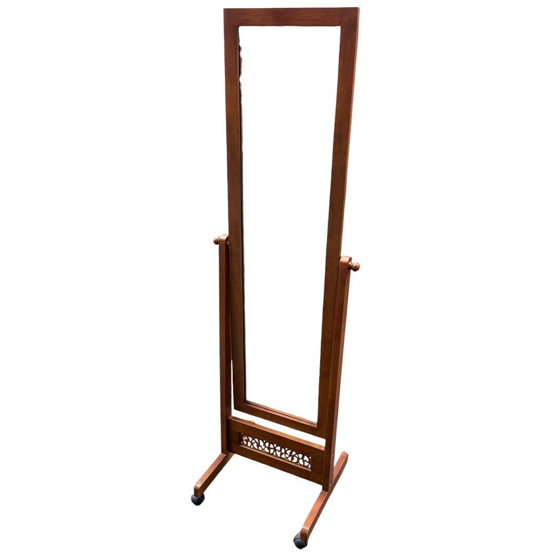 【美品】塩川光明堂 北欧レトロ 木製スタンドミラー 姿見 キャスター付