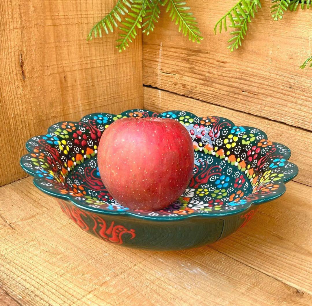 22cm☆新品☆【トルコ】ボウル 皿＊ダークグリーン 緑＊ キュタフヤ 陶器