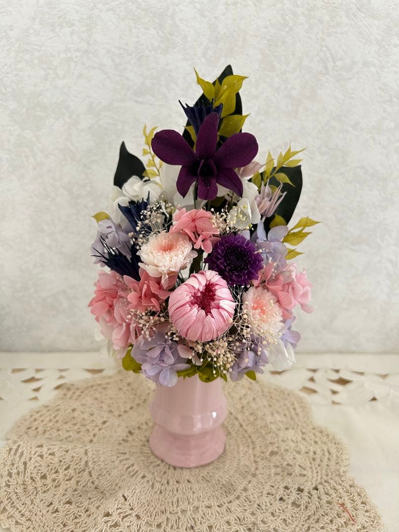 プリザーブドフラワー　仏花　ピンク　花器付き