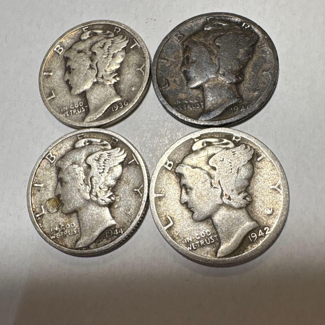 マーキュリーダイム 銀貨　1936, 40, 42, 44年 4枚　【FA27】