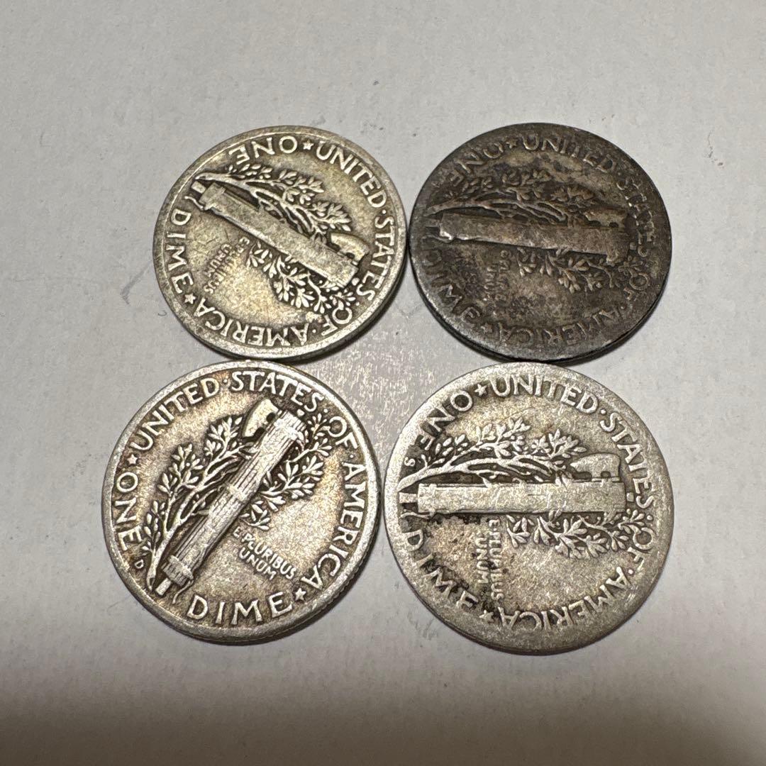 マーキュリーダイム 銀貨　1936, 40, 42, 44年 4枚　【FA27】