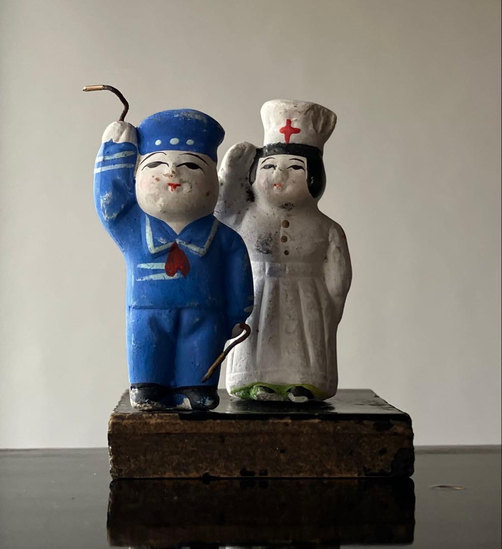 【戦中人形 水兵と看護婦 豆人形 約4㎝ 戦時資料】歴史資料郷土玩具海軍赤十字