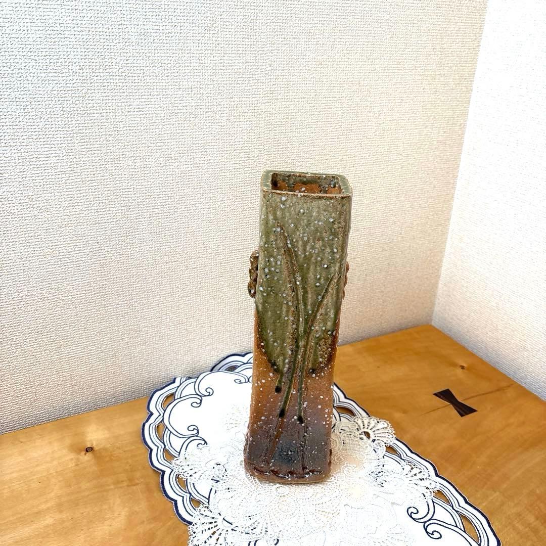 【木箱付き・未使用に近い】信楽焼 兼山造 高さ36cm 角型花瓶　高級感　逸品