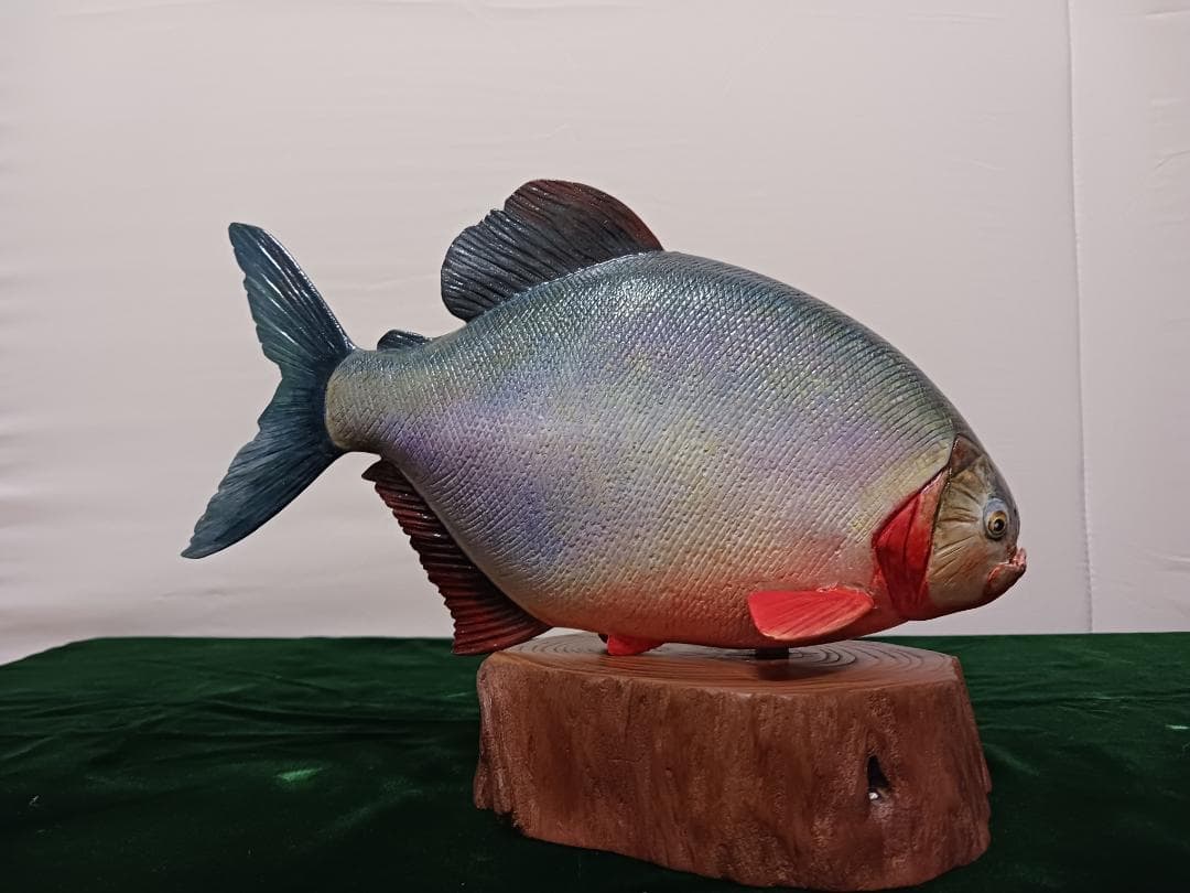 熱帯の魚、木彫、リアルなピラニア約30cm