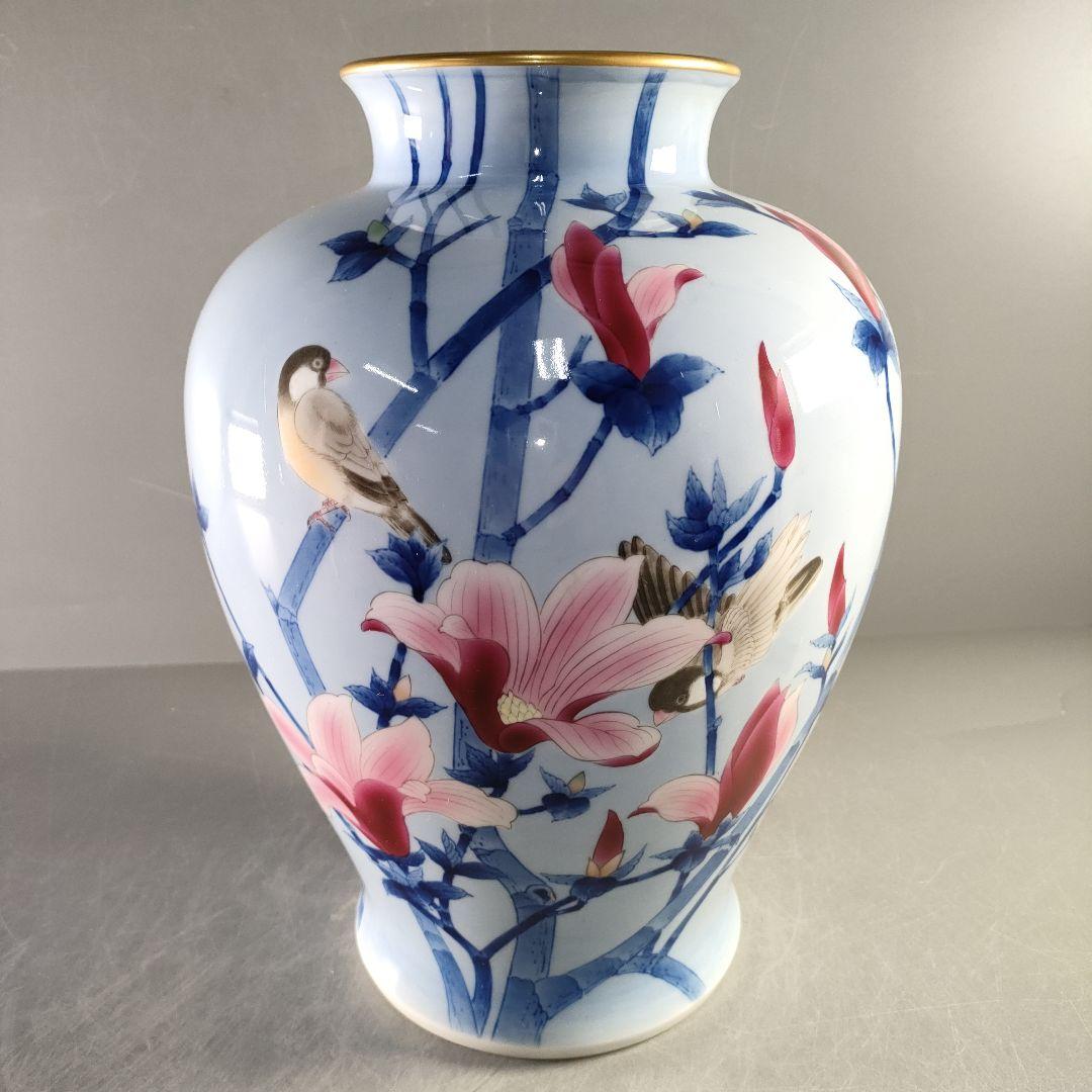 A1318-2/有田焼/深川製磁/染錦花鳥図花瓶/花器/花入/華道具/飾壷/