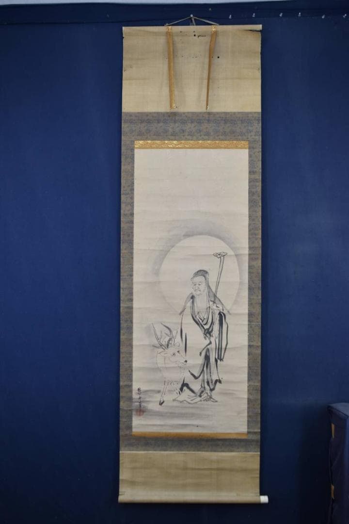 狩野安信/牧心斎/寿老人図/鹿寿老図/掛軸☆宝船☆Z-631