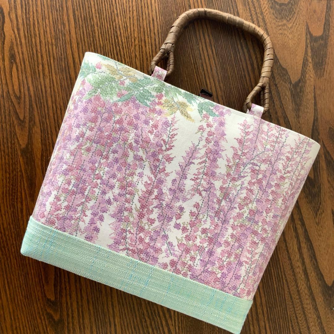 大島紬　満開の藤の花　リメイク　胡桃皮ハンドルバッグ