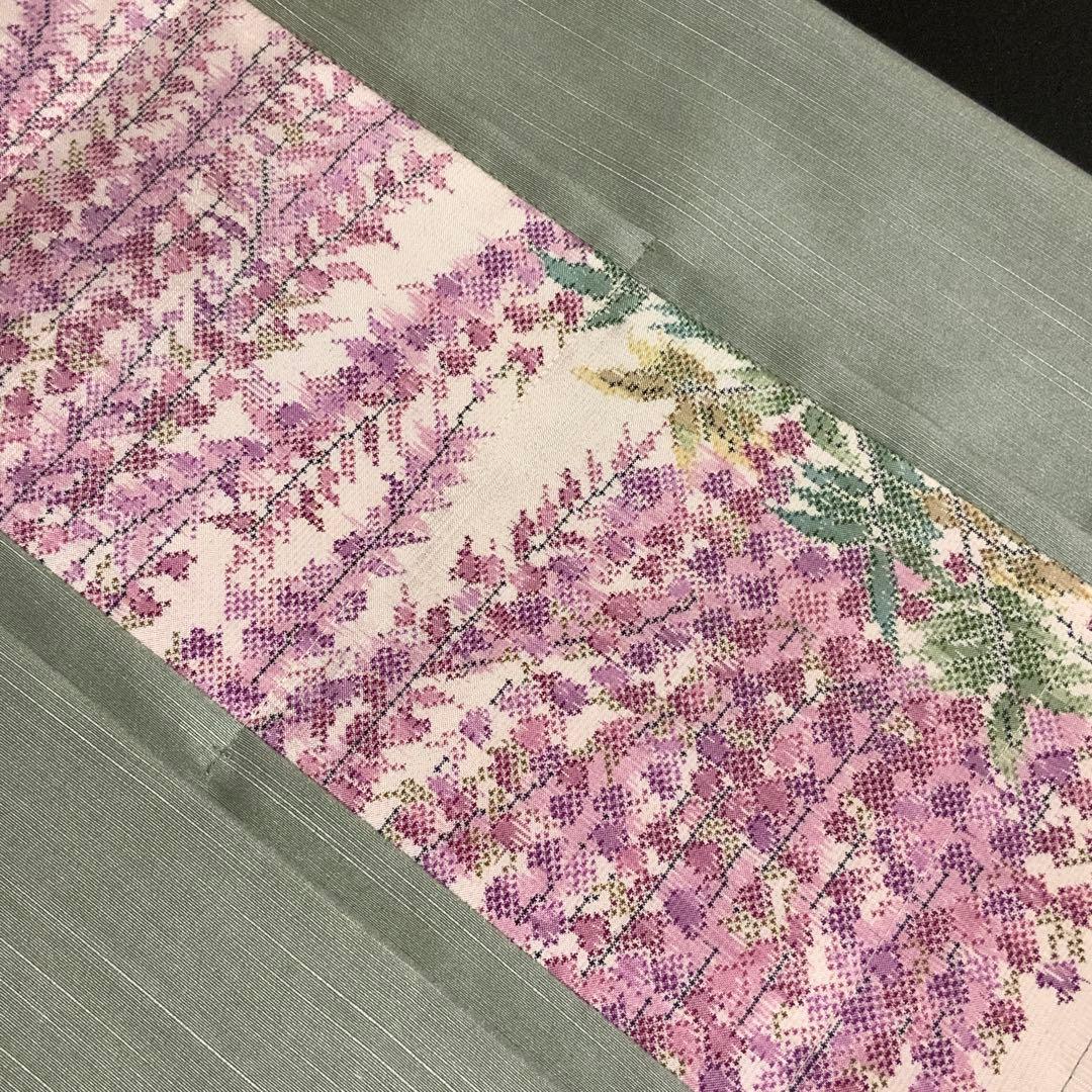 大島紬　満開の藤の花　リメイク　胡桃皮ハンドルバッグ