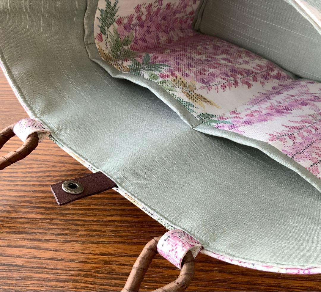 大島紬　満開の藤の花　リメイク　胡桃皮ハンドルバッグ