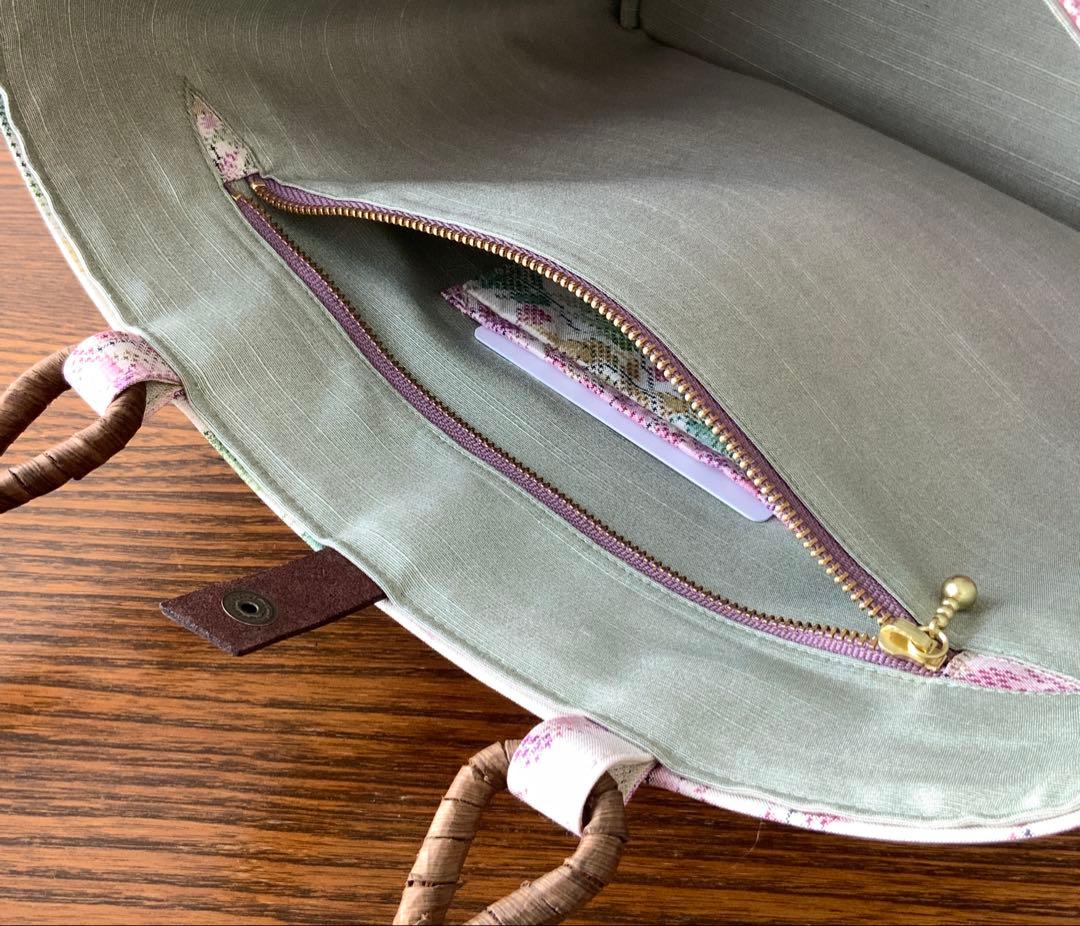 大島紬　満開の藤の花　リメイク　胡桃皮ハンドルバッグ