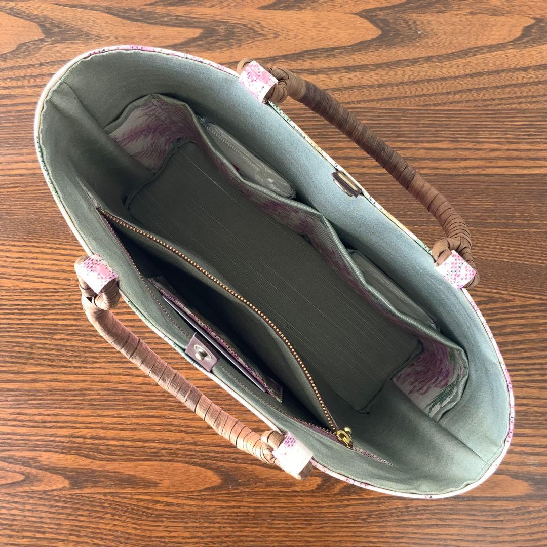 大島紬　満開の藤の花　リメイク　胡桃皮ハンドルバッグ